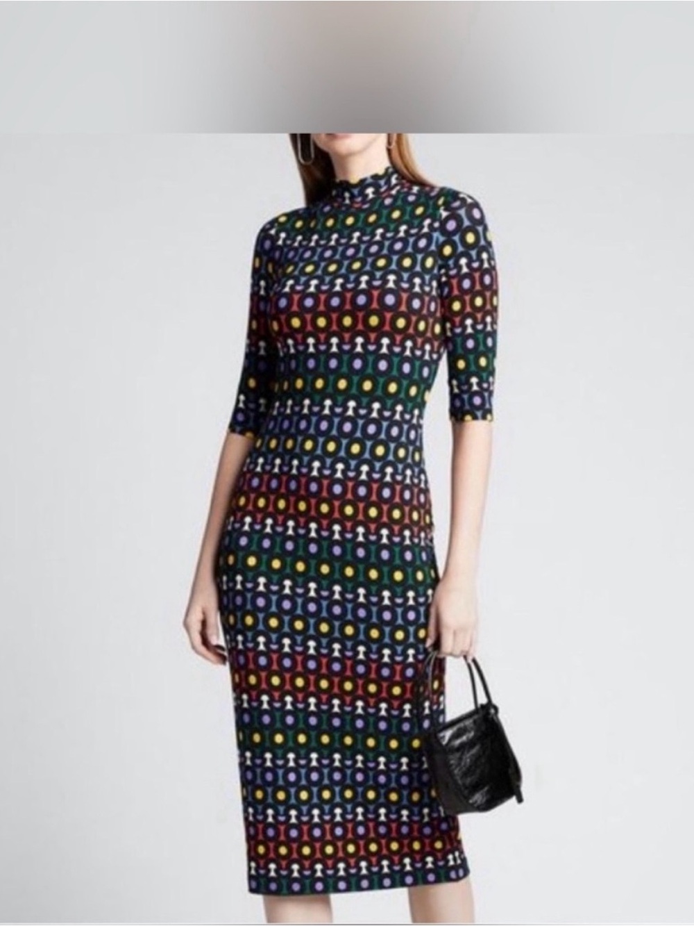 Alice + Olivia Black Geo-Print Mock Neck Midi Dress